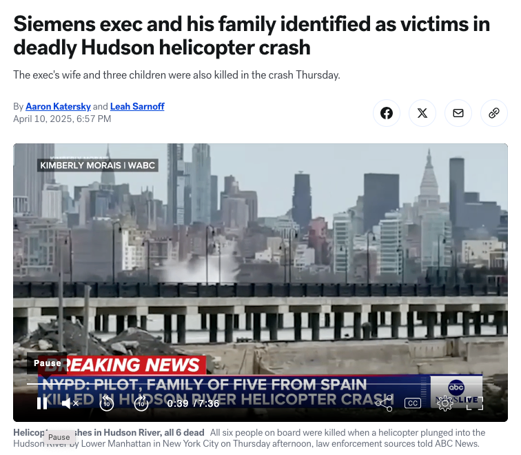 西门子高管及其家人被确认为哈德逊河直升机坠毁事故中遇难！