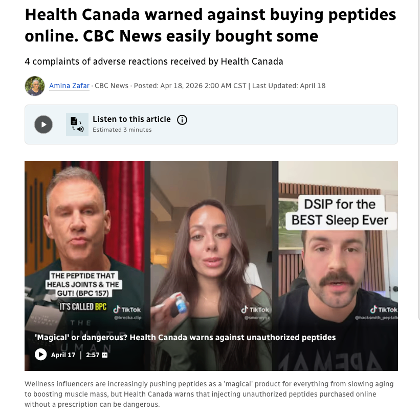 加拿大卫生部警告不要在网上购买肽类产品
