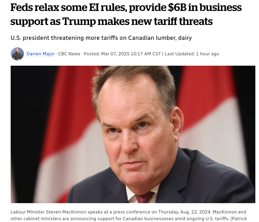 因特朗普再度威胁加征关税，加拿大政府放宽部分就业保险（EI）规则，并提供60亿加元商业支持，