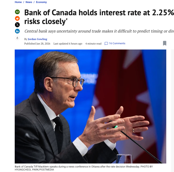 加拿大央行维持利率在2.25%,但表示正“密切监控风险”