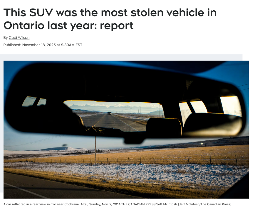 报告：这款 SUV 成为去年安省最常被盗的车辆