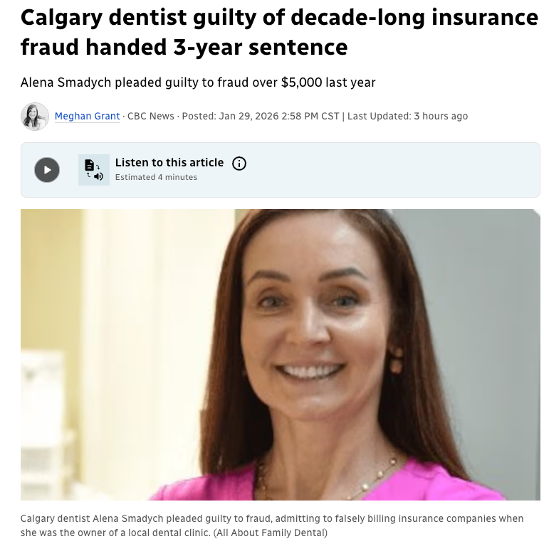 卡尔加里牙医因持续十年的保险诈骗被判三年监禁