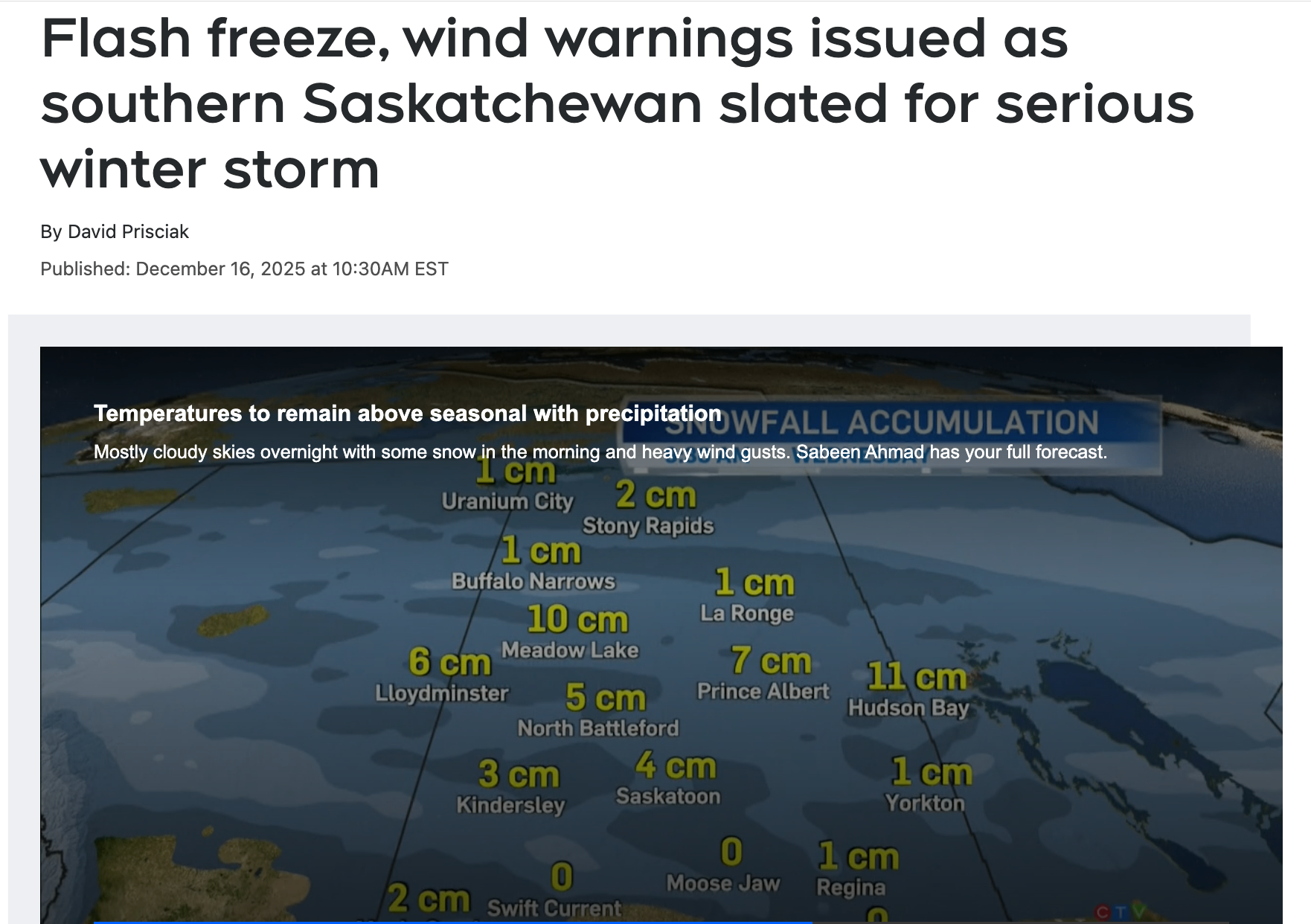 严重冬季风暴将袭南萨省　当局发布骤冻和大风预警