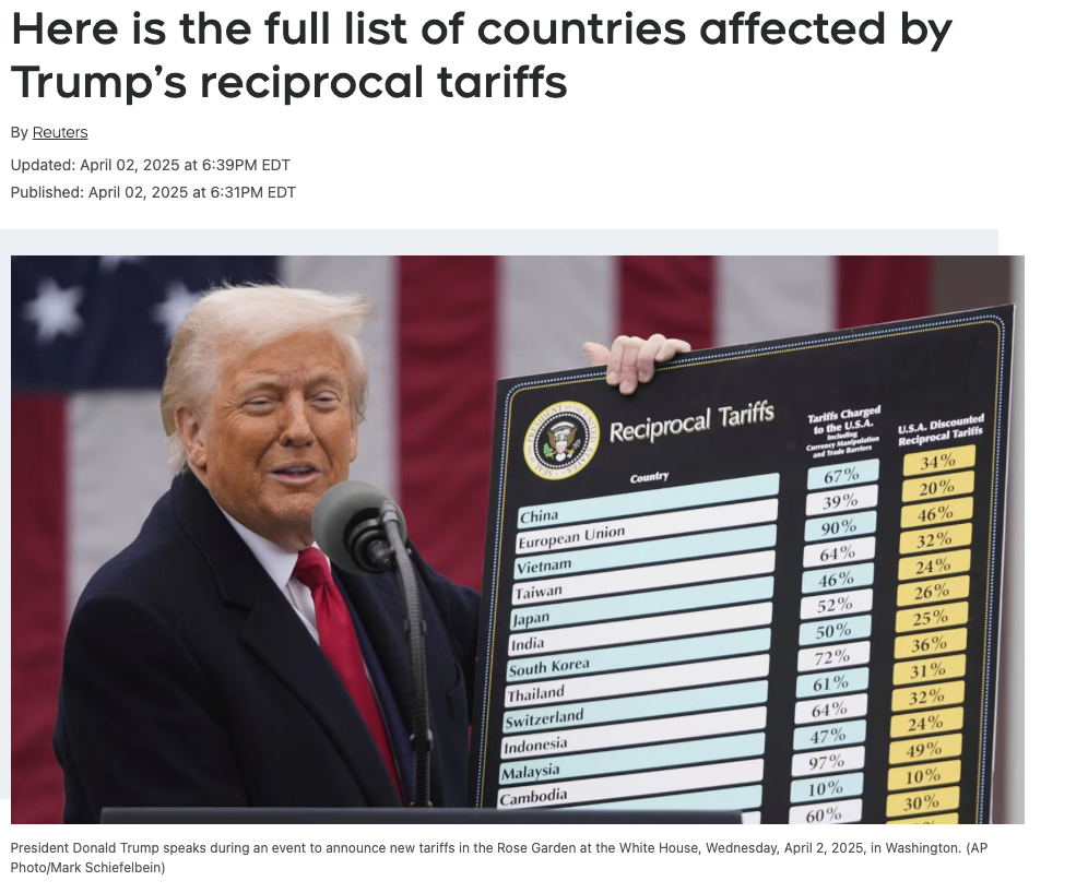 受特朗普“互惠关税”影响的全部国家名单，福特表示“非常非常感激”加拿大未受特朗普新关税政策影响