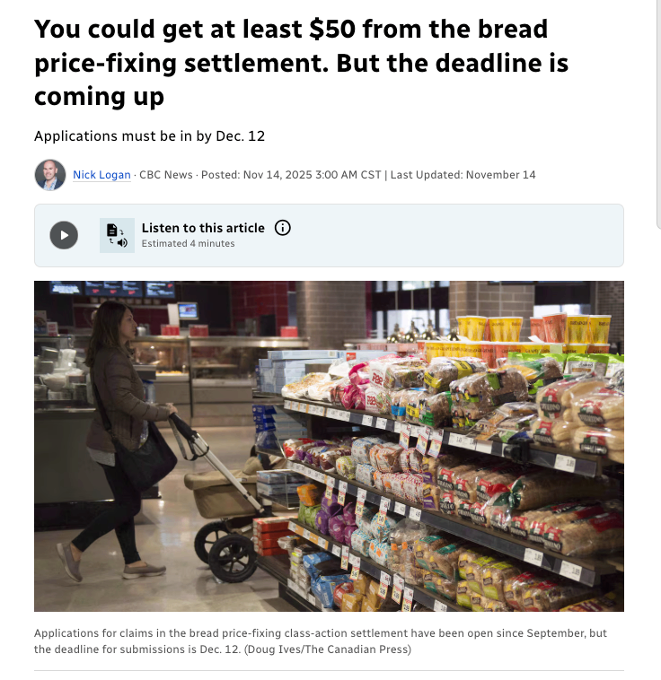 你可能从“面包价格操纵”和解中拿到至少 50 加元，12月12日截至