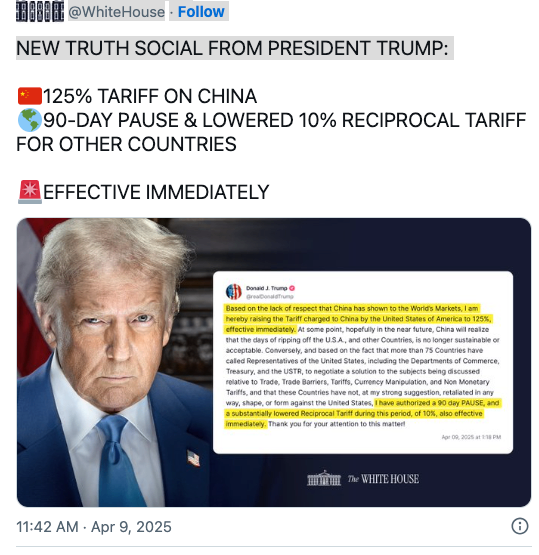 特朗普宣布对部分关税暂停90天 美股飙升，对中国关税升至125%，中美关税升级，加拿大消费者如何避坑！