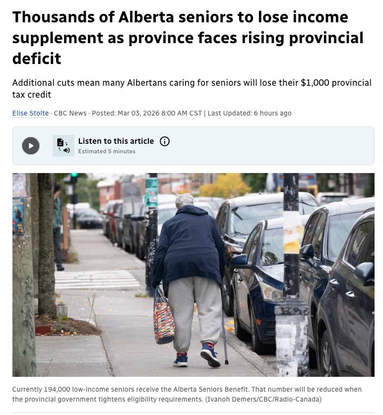 在省级财政赤字上升的背景下,数千名阿尔伯塔老年人将失去收入补贴