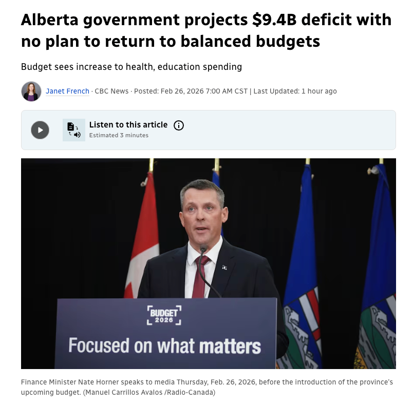 阿尔伯塔省政府预计将出现94亿加元赤字,目前没有提出恢复财政平衡的计划