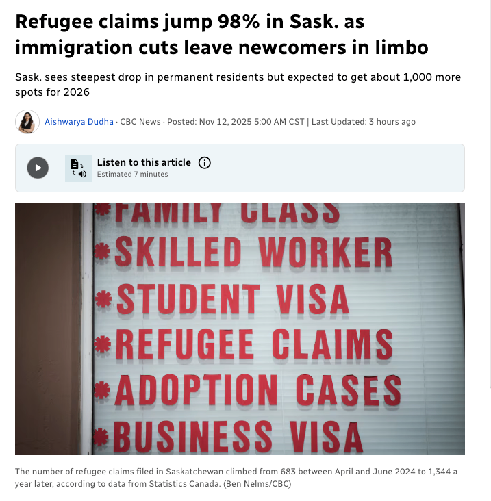 萨省难民申请激增 98%，移民削减令新移民陷入困境