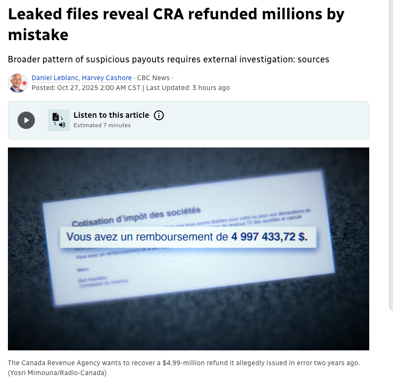 泄露文件揭示加拿大税务局错误退税数百万