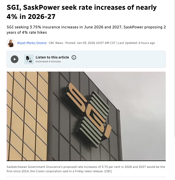SGI 与 SaskPower 申请在 2026–2027 年期间上调近 4% 的费率
