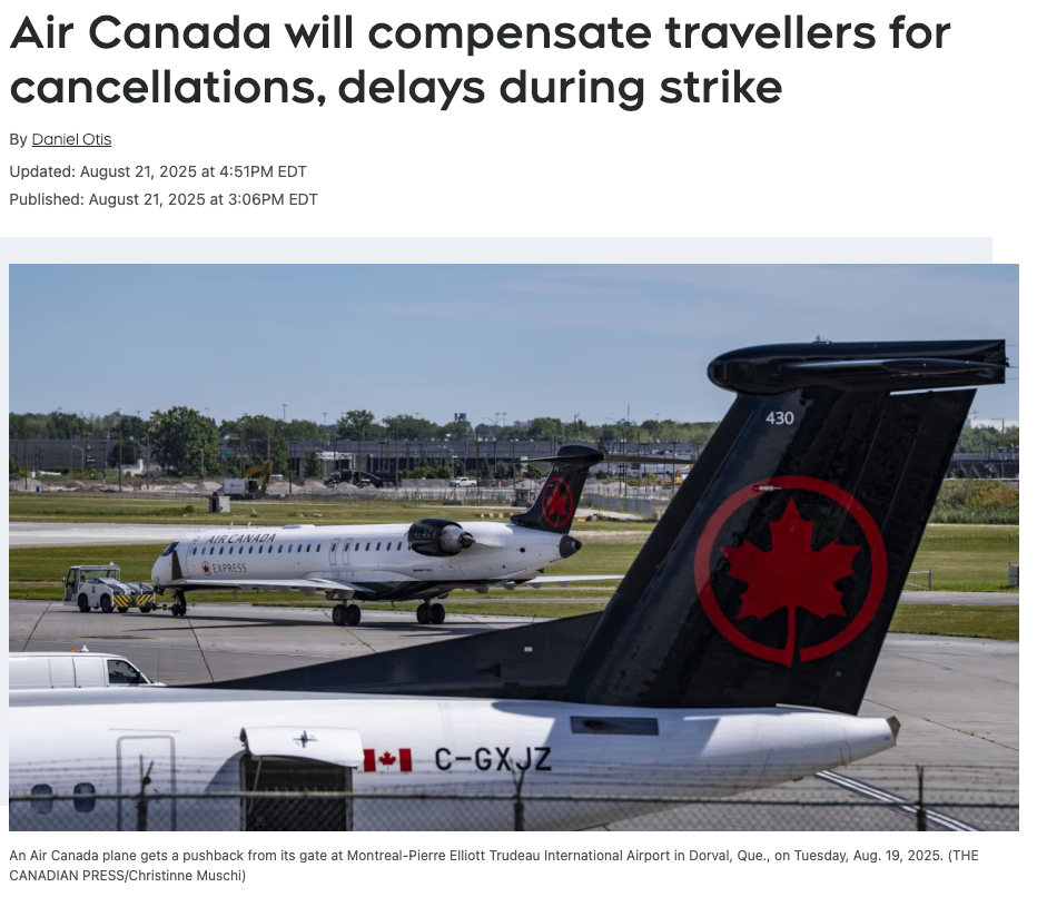 加拿大航空将补偿罢工期间因航班取消或延误的旅客