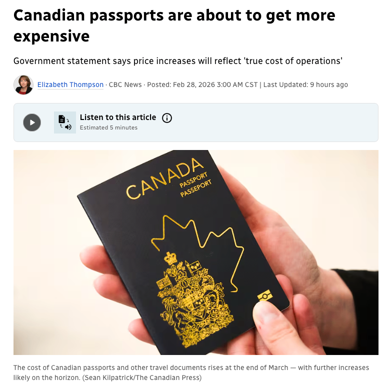加拿大护照即将涨价