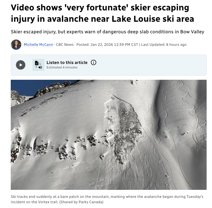 视频显示:滑雪者在露易丝湖附近雪崩中“非常幸运”逃过一劫