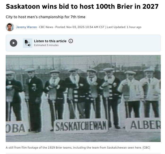 萨斯卡通赢得 2027 年第百届男子冰壶锦标赛（Brier）