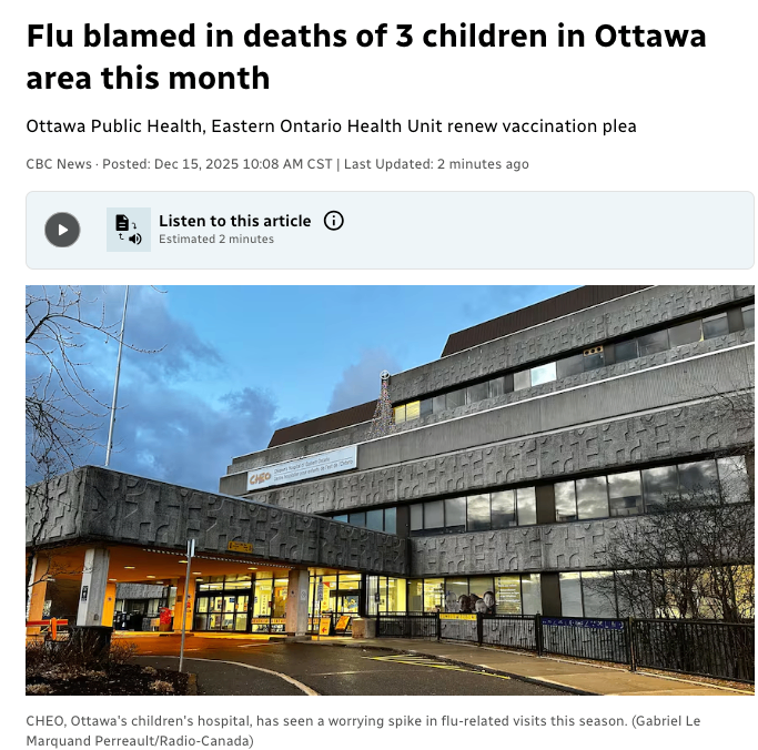 渥太华地区本月已有三名儿童因流感并发症死亡