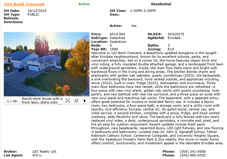林与唐地产OPEN HOUSE, 10月12日周日1:30-3:30pm, Erindale社区独栋· 102 Bonli Crescent - 2