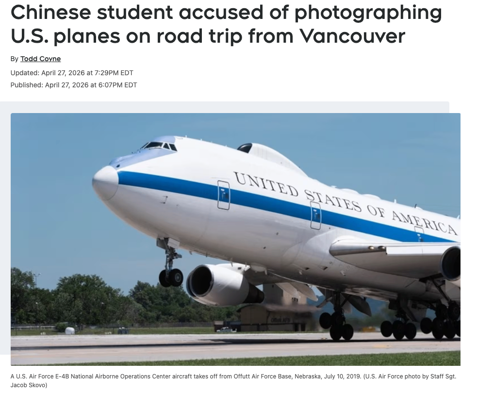 一名中国留学生被指在从温哥华出发的公路旅行中拍摄美国军机