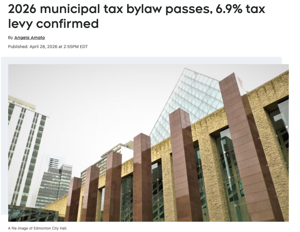 2026年埃德蒙顿市政税法通过：确认6.9%税收增长