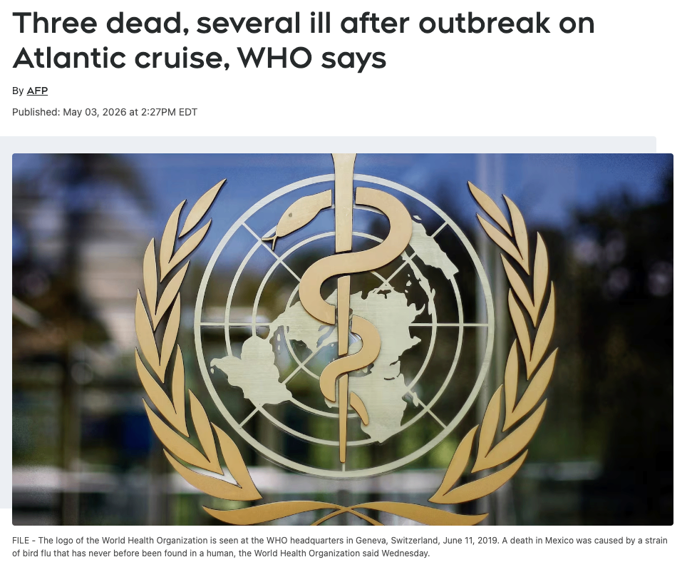世界卫生组织称：一艘大西洋邮轮暴发疫情，造成3人死亡，多人患病