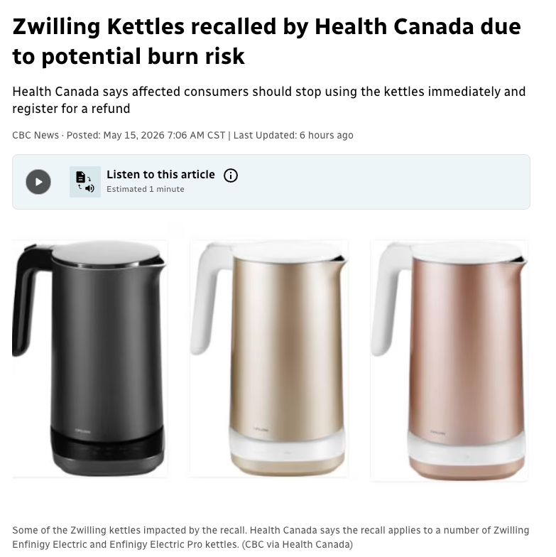 加拿大卫生部召回 Zwilling 电热水壶：存在潜在烫伤风险