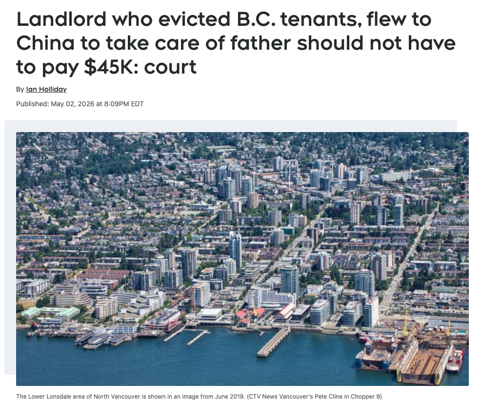 法院裁定：B.C. 房东驱逐租客后飞往中国照顾父亲，不应被要求支付 45,000 加元