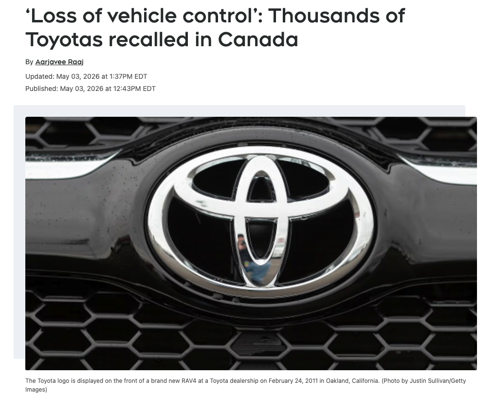 “车辆可能失控”：加拿大数万辆 Toyota 汽车被召回