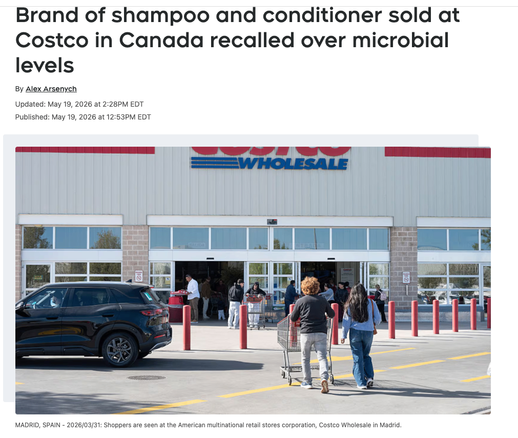 Costco 加拿大销售的一款洗发水和护发素因微生物含量问题被召回