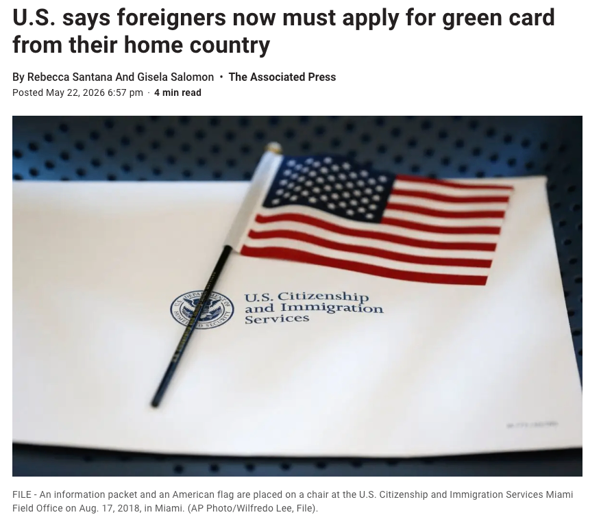 美国称:外国人现在必须从原籍国申请绿卡
