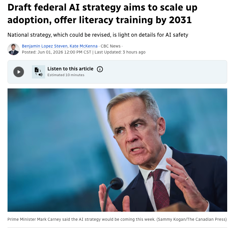 加拿大联邦AI战略草案:计划扩大AI应用,并在2031年前提供AI素养培训