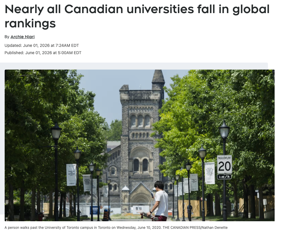 几乎所有加拿大大学全球排名下滑