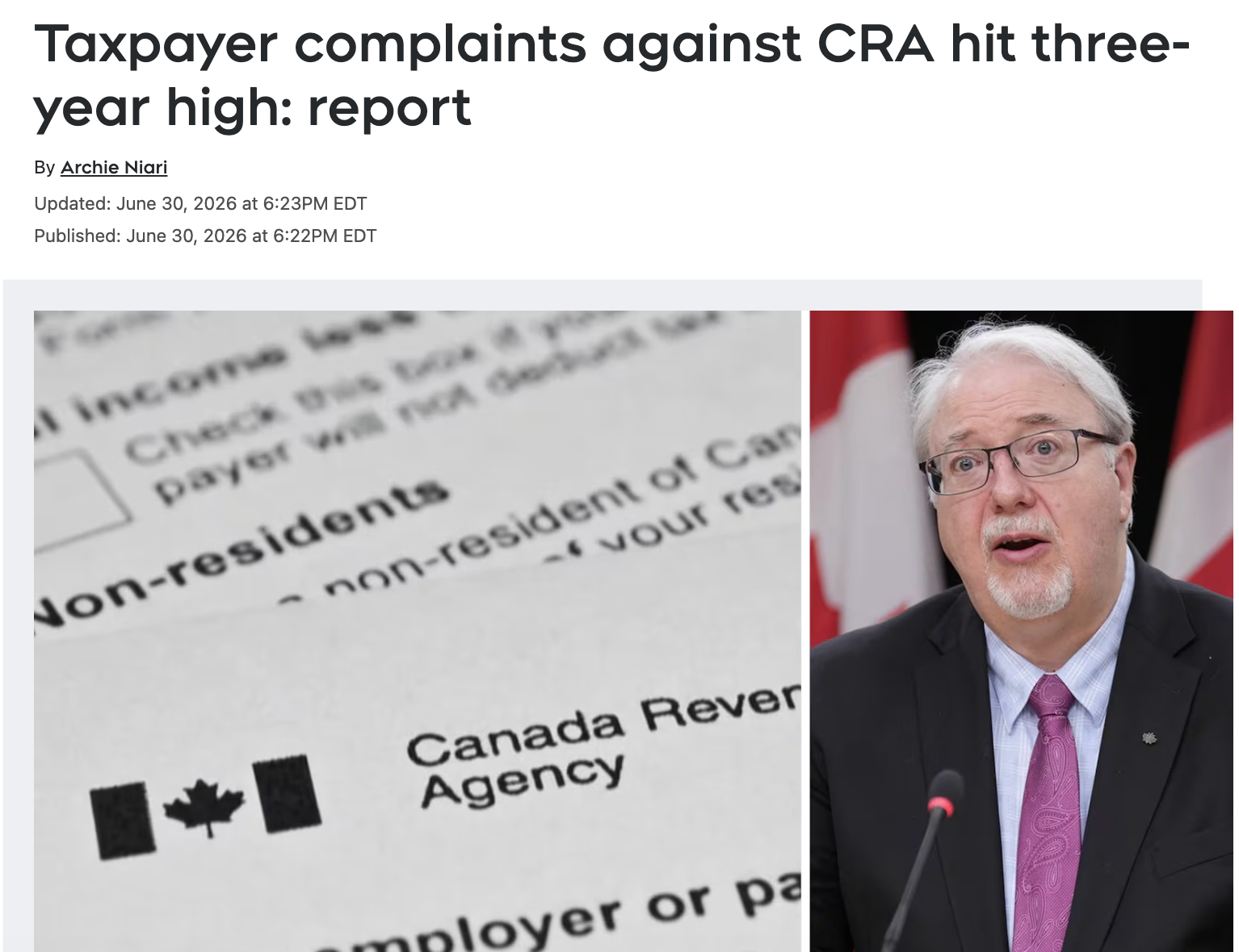 报告:针对 CRA 的纳税人投诉创三年来新高,7月13日CRA新局长上任