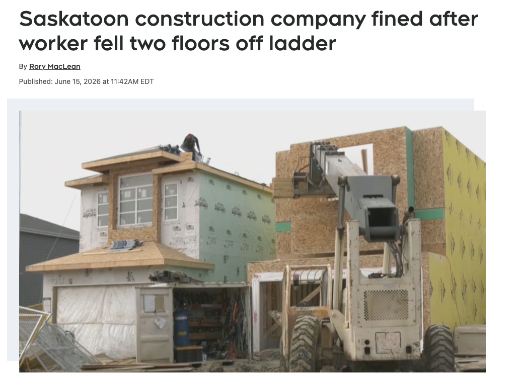 萨斯卡通建筑公司因工人从梯子上坠落两层楼被罚款