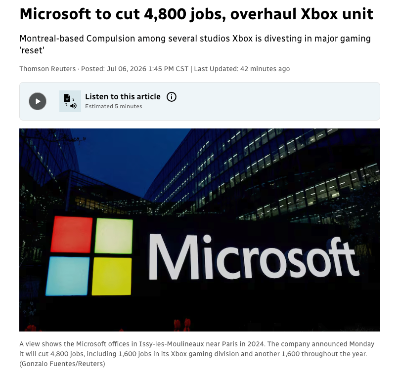 微软将裁员 4,800 人,并重组 Xbox 部门
