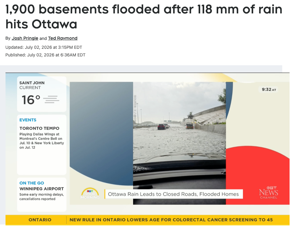加拿大国庆日，渥太华遭遇 118 毫米暴雨，1,900 个地下室被淹